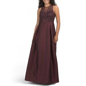 ADRIANNA PAPELL Plum Sleeveless Beaded Top Mikado Gown